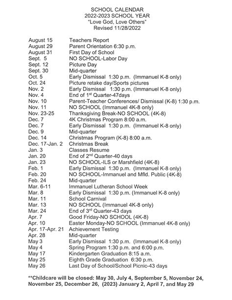 School Calendar – Immanuel Lutheran