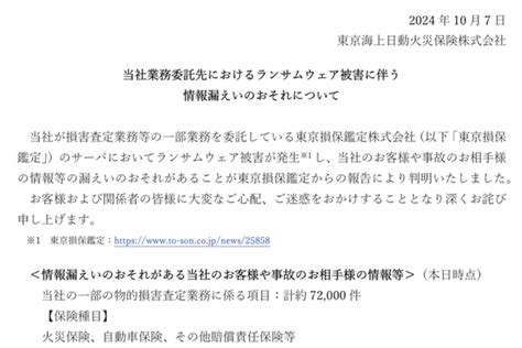 Asciijp：東京海上日動、7万2000件情報漏えいの可能性 業務委託先がサイバー攻撃