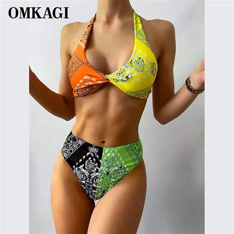 Jual PREORDER OMKAGI Bikini Set Swimwear Women Print Swimsuit Push Up 2021 High Waist Summer