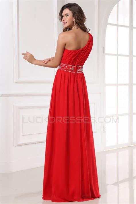 A Line One Shoulder Beaded Long Red Chiffon Prom Evening Formal Party