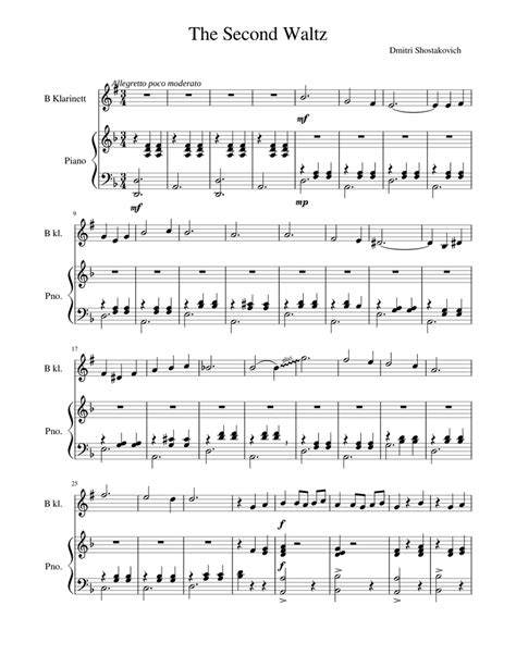 The Second Waltz Sheet Music For Piano Clarinet In B Flat Solo