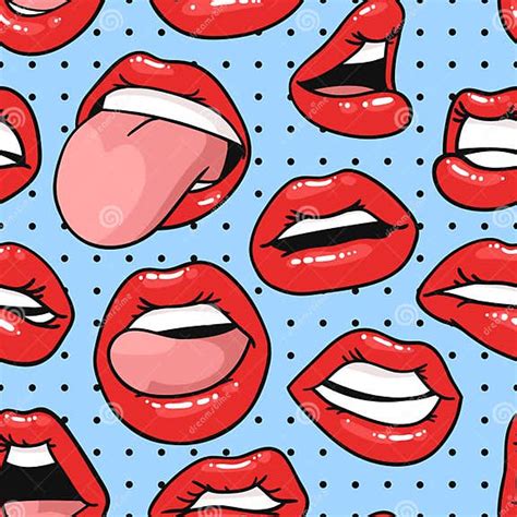 Seamless Pattern With Female Lips With Gloss Red Lipstick Pop Art