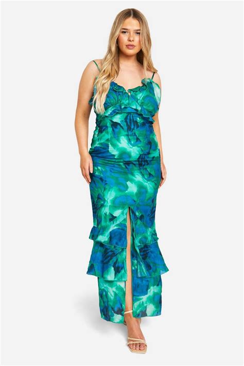 Plus Abstract Floral Ruffle Maxi Dress Boohoo Uk