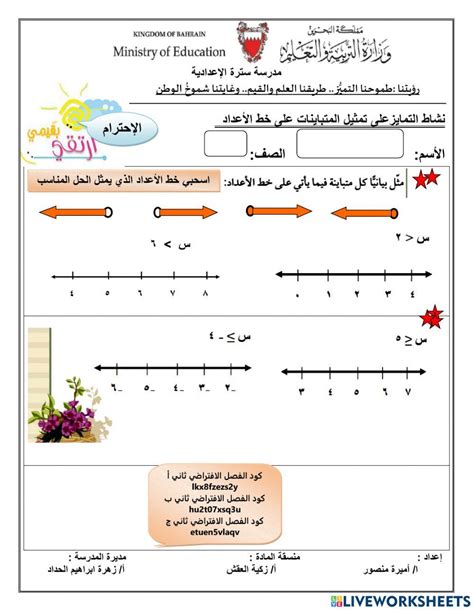 تمثيل المتباينات على خط الأعداد Worksheet Live Worksheets