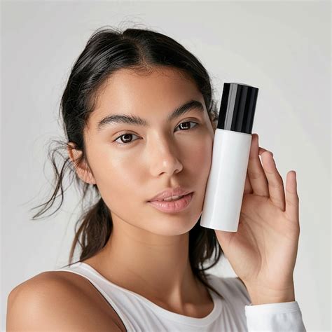 Premium Photo A Woman Holding A Bottle Of Perfume With A White Background