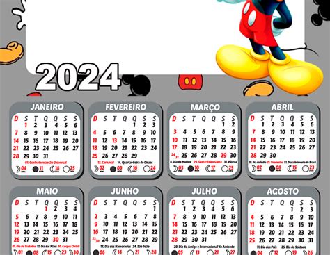 Calendário Mickey Mouse 2024 Moldura Png Digital Grátis