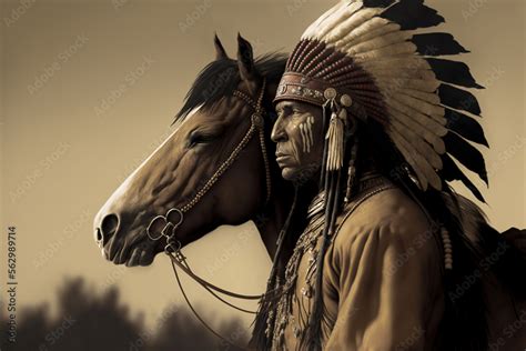 Native American Indian Apache And Western Horse In Traditional Clothing