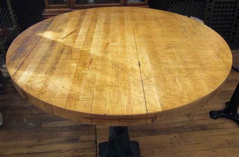 Refurbished Round Butcher Block Table With Heavy Cast Iron Base Olde