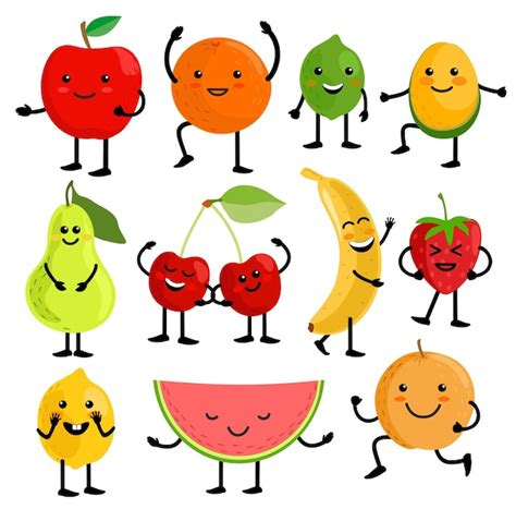 Lindos Personajes De Frutas Para Niños Vector Premium