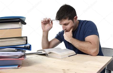 Young Stressed Student Studying On Library For Exam In Stress Fe Stock