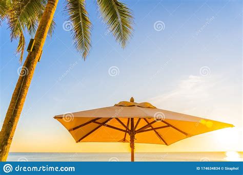 Beautiful Tropical Nature Umbrella Chair With Palm Tree Around Beach