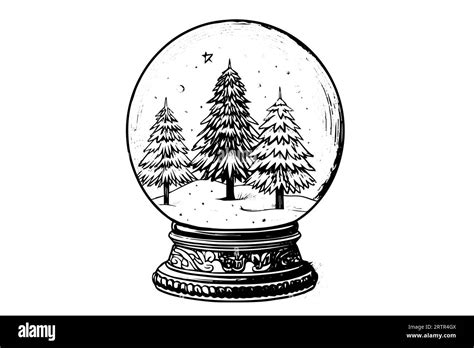 Merry Christmas Gift Snow Globe Snowflake Tree Inside Vector Engraving