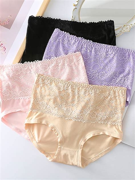 3 Pack Plus Size Elegant Panties Women S Plus Floral Jacquard Contrast Lace High Stretch Panties