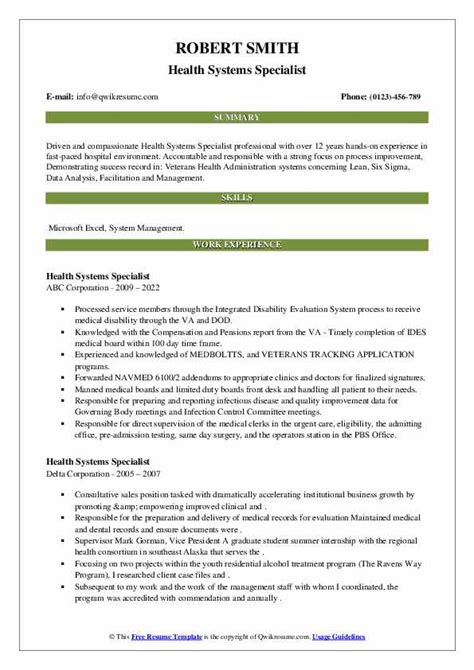 Health Systems Specialist Resume Samples Qwikresume