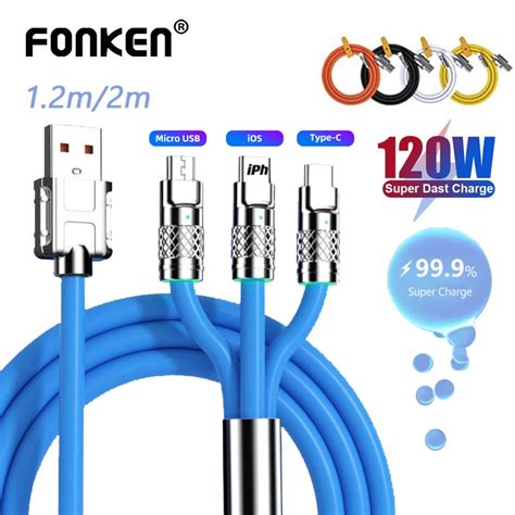 Fonken 120W 6A 3 Em 1 Carregador Super Rápido Tipo C Cabo De Silicone