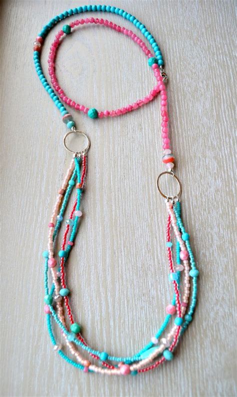 Long Multi Strand Coral Pink Lavender Purple And Turquoise