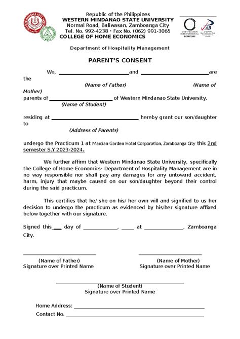 Practicum 1 Parents Consent Republic Of The Philippines WESTERN