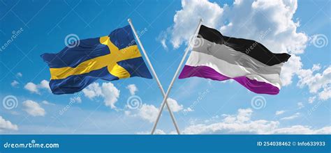 Two Crossed Flags Asexuality Pride And Sweden Waving In Wind At Cloudy