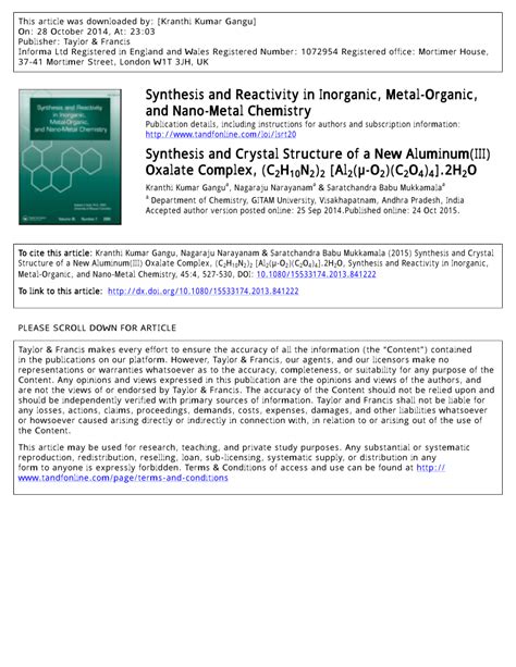 PDF Synthesis And Crystal Structure Of A New Aluminum III Oxalate