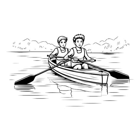 Dos Hombres Remando En El Lago Ilustraci N Vectorial En Blanco Y Negro