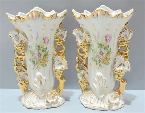 Jolie Paire De Vases De Mariee Xxe Belles Dorures Fleurs Rehauts Mail