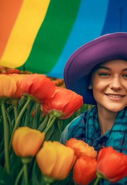 Premium Photo A Beautiful Happy Gay Lesbian Couple With Rainbow Colors In A Flower Field Lgbtq
