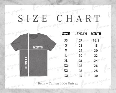 Bella Canvas Size Chart Unisex T Shirt Size Chart Bella Canvas