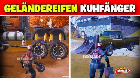 Fortnite Rüste Fahrzeuge mit Geländereifen oder Kuhfängern auf