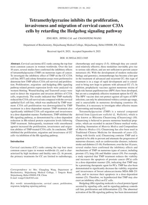 Pdf Tetramethylpyrazine Inhibits The Proliferation Invasiveness And