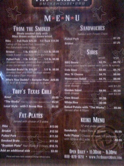 Menu At Fat Daddy S Smokehouse Bbq Kihei