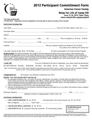 Fillable Online Relay Acsevents FY12 Participant Commitment Form Ch