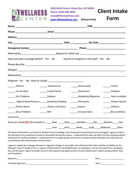 Client Intake Form 9th St Wellness Center Fill Out Sign Online And Download Pdf