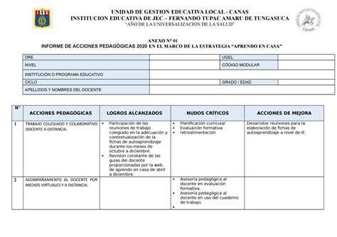 Informe DE Acciones Pedagogicas 2020 Aprendo EN CASA UNIDAD DE