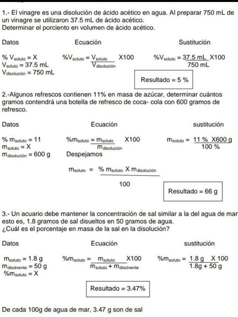 Un ejercicio de porcentaje en masa y uno de volumen con solución por