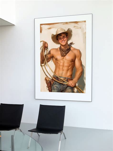 Smiling Cute Cowboy Gay Male Poster Ai Art Male Pin Up Gay Pulp Art Queer Art Print Vintage