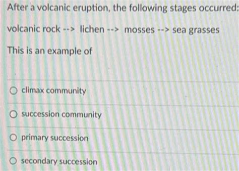 Solved: After a volcanic eruption, the following stages occurred ...