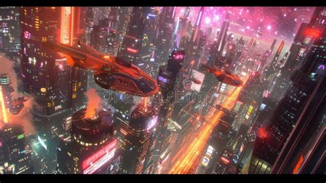 Futuristic Metropolis At Night With Neon Lights And Flying Vehicles