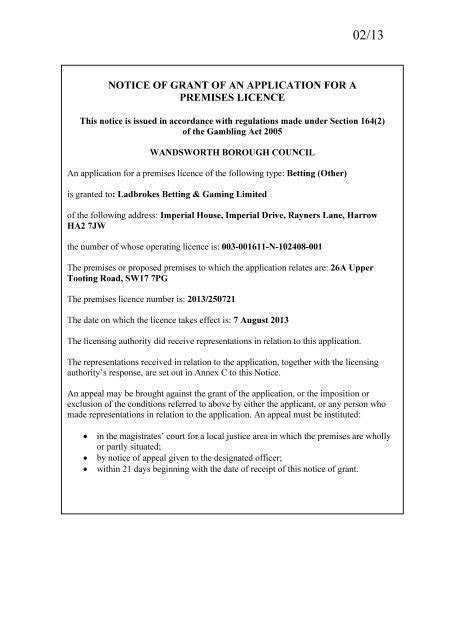 Notice Of Grant Of An Application For A Premises Licence Wandsworth