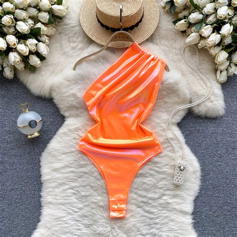 Neon Orange One Shoulder High Cut Swimsuit On Luulla