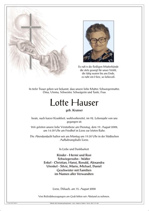 Todesanzeige Lotte Hauser Trauer Link