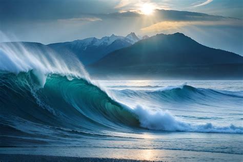 Una Ola Rompe En La Playa Con El Sol Poni Ndose Detr S Foto Premium