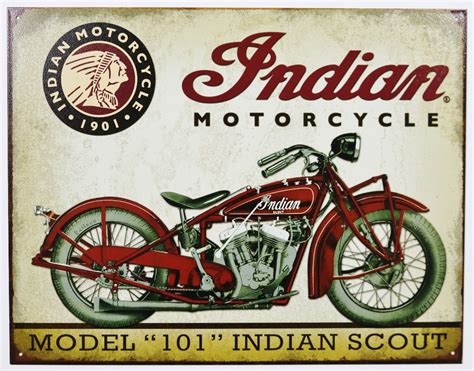 Indian Motorcycle Model 101 Scout Tin Metal Sign Vintage Bike Chief