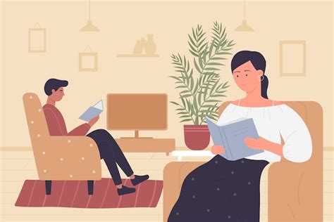 Premium Vector Couple People Reading Books At Home Living Room Interior