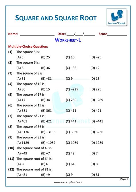 Square Roots Worksheets Square Root 8th Grade Math Free Work