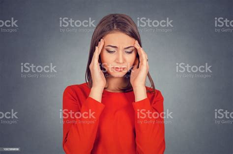 Sad Woman With Worried Stressed Face Expression Looking Down Stock