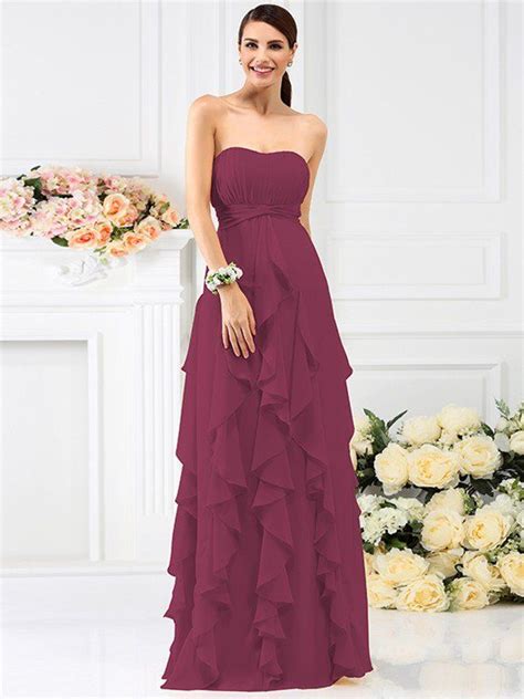 A Line Princess Strapless Pleats Sleeveless Long Chiffon Bridesmaid