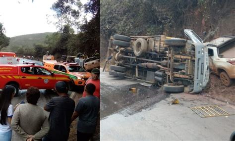 Itabirito Serra da Santa caminhão tomba em colisão caminhonete na