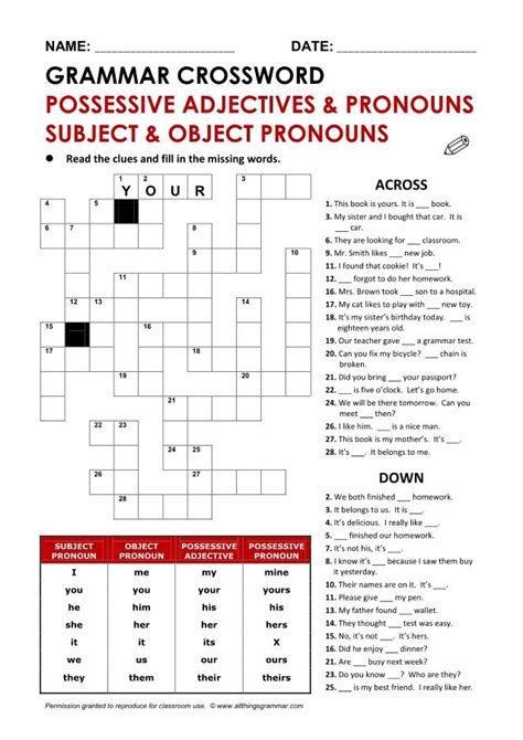 Crossword English Grammar Test English Grammar Possessive Adjectives