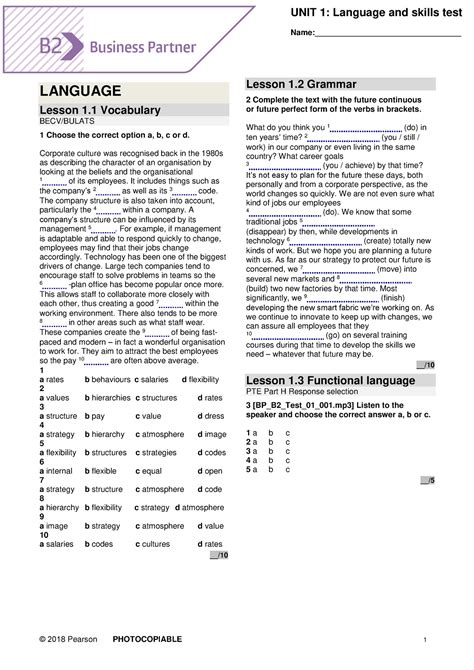 BP B2 Tests Unit1 Practice Unit 1 Business Partner 2018 Pearson