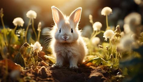 Premium Ai Image Fluffy Baby Rabbit Sitting In Green Meadow Enjoying